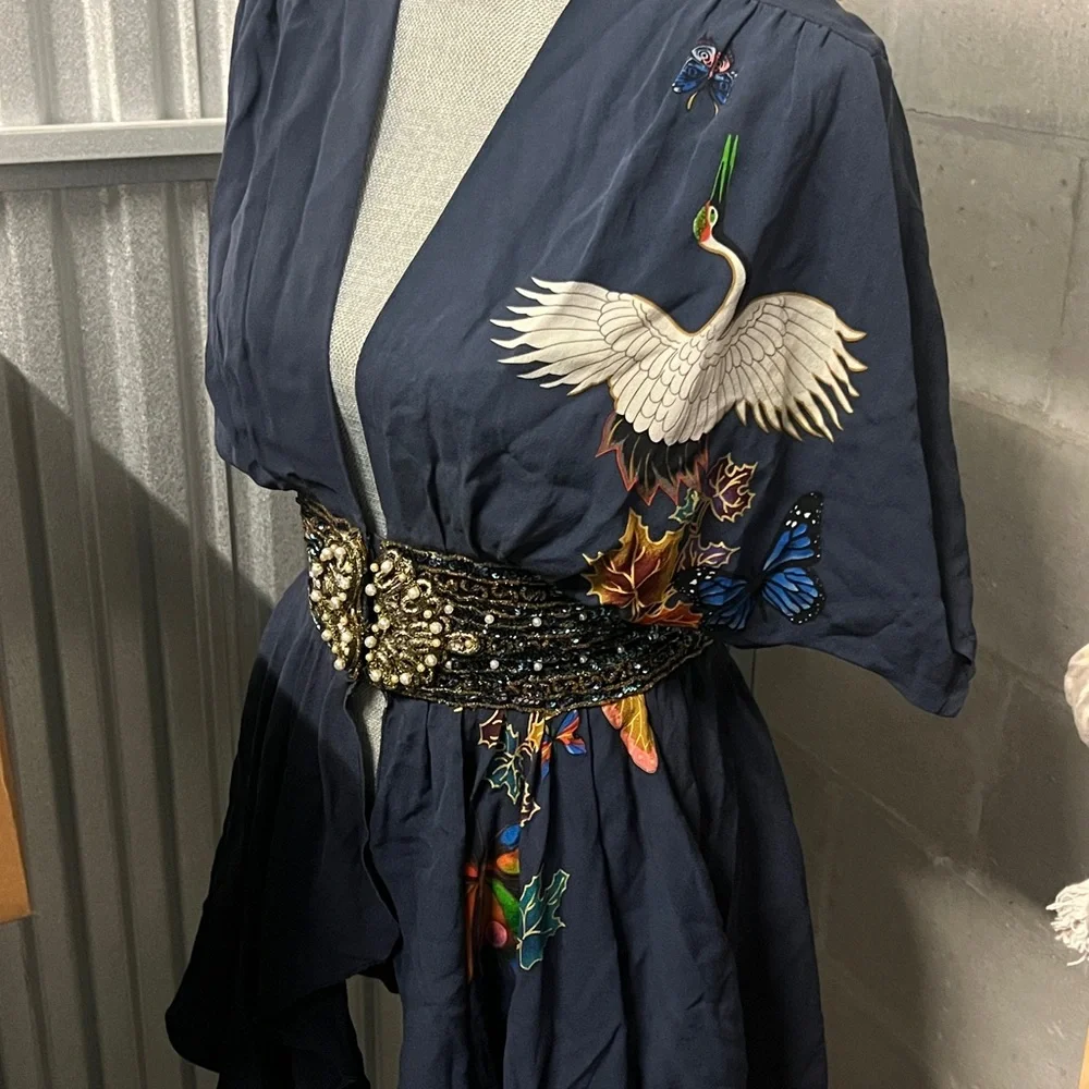 Meghan LA Dark Blue Kimono with Crane and Beaded Belt - Picture 1 of 9